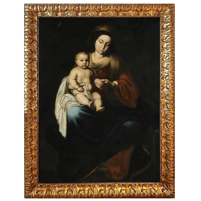 Monumental "Virgen con Ni&ntilde;o", a la manera de Bartolom&eacute; Esteban Murillo (obrador), siglo XVII. &Oacute;leo sobre lienzo. 