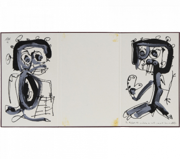 ANTONIO SAURA (Huesca, 1930 - Cuenca, 1998).  El escritor y el pintor, 1993. Acrílico y gouache sobre carpeta de cartón.