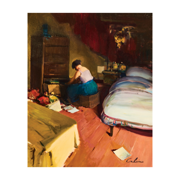 Ramón Calsina Baró (Barcelona, 1901-1992)  Interior con personaje femenino.  Óleo sobre tela. Firmado. 