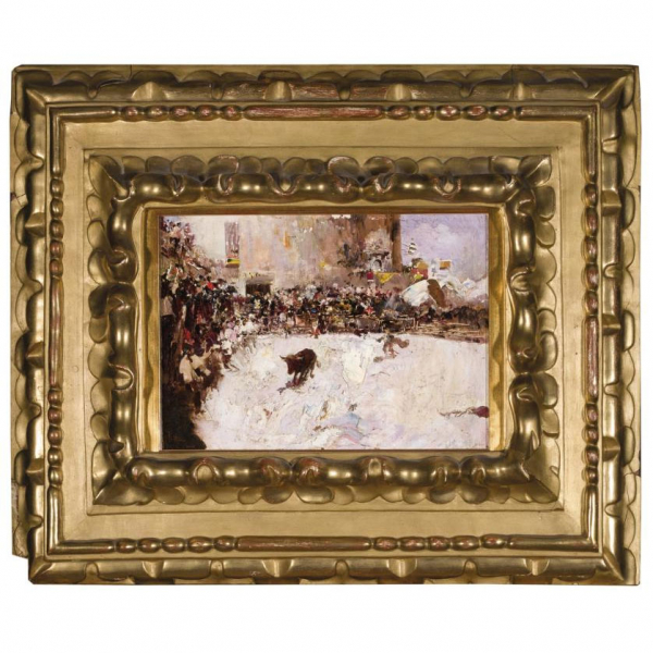 Mariano Fortuny Marsal (1838 - 1874). "Corrida de toros". Óleo sobre lienzo adherido a cartón. Firmado
