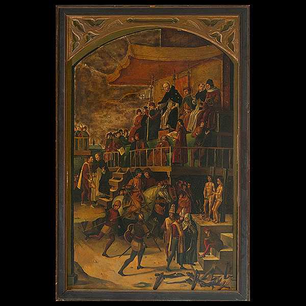 Siguiendo modelos de PEDRO BERRUGUETE (Paredes de Nava, Palencia c. 1450-Madrid 1503) - Auto de Fe presidido por Santo Domingo de Guzmán, siglo XIX.