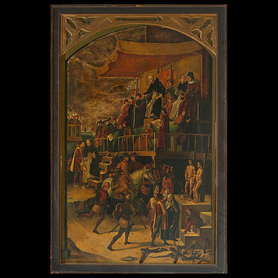 Siguiendo modelos de PEDRO BERRUGUETE (Paredes de Nava, Palencia c. 1450-Madrid 1503) - Auto de Fe presidido por Santo Domingo de Guzmán, siglo XIX.