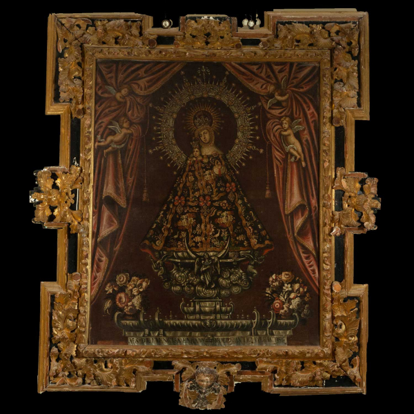 Importante Gran Óleo sobre lienzo de la Virgen de la Fuencisla, con importante marco barroco español del siglo XVII.
