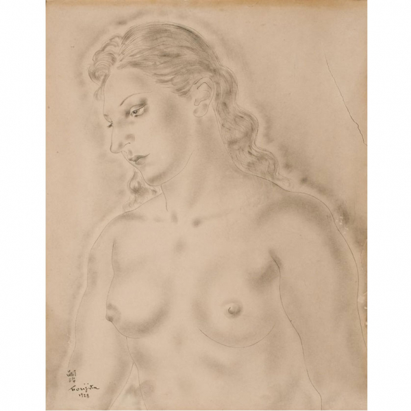 Tsuguharu Foujita.   &quot;Buste de jeune femme (1928)&quot;. Dibujo a tinta con difuminado sobre papel adherido a cartón.