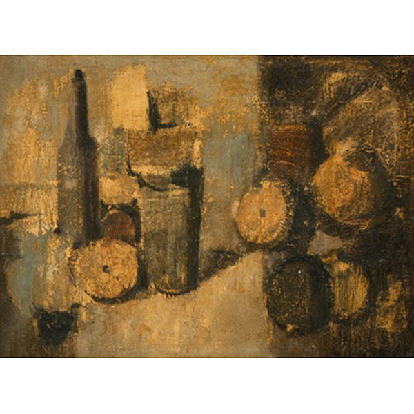 JOSÉ BARCELÓ ALBADALEJO   (Cartagena, Murcia 1923 - Bilbao 2001)  &quot;Bodegón de frutas, cafetera y botella&quot;  Óleo / Lienzo 