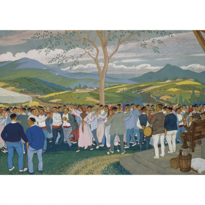José Arrúe.   &quot;Romería en pueblo vasco&quot;. Gouache sobre papel. Firmado en el ángulo inferior izquierdo.