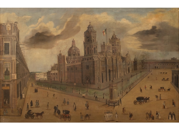 ESCUELA MEXICNA, SIGLO XIX Vista de la catedral de Méjico y parte del Zócalo