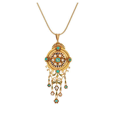 Broche-colgante estilo alfonsino en oro mate y brillo con diamantes talla brillante antigua y esmeraldas tallas octogonal y carré