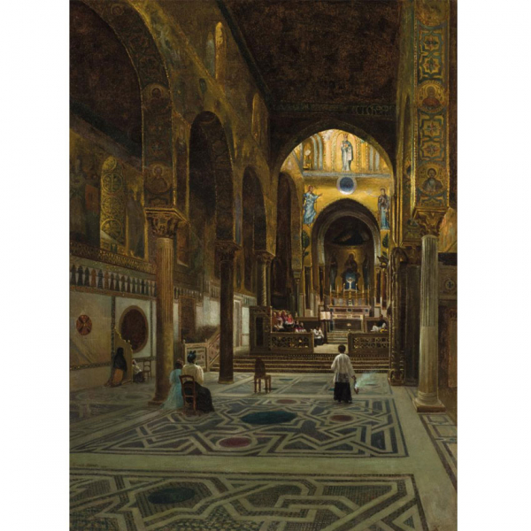 David Roberts. "Interior de catedral (1846)". Óleo sobre lienzo. Etiqueta antigua al dorso. Firmado y fechado (1846) en el ángulo inferior izquierdo.