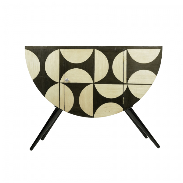 Consola semicircular estilo Mid Century en maderas chapadas contrastadas en combinaci&oacute;n de blanco y negro, s.XX.  