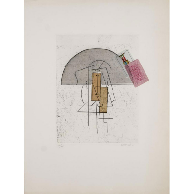 Manolo Vald&eacute;s. "Figura con naipes (1985)". Aguafuerte y collage sobre papel son sello en seco del editor.  