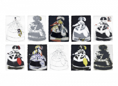 MANOLO VALDÉS (Valencia, 1942).  Las Meninas (serie completa de 10), 2000.   Aguafuerte a colores sobre papel Eskulan hecho a mano.