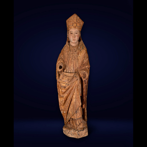 Escuela Gótica de Malinas del siglo XV , Gran Talla de Obispo en madera policromada y dorada.