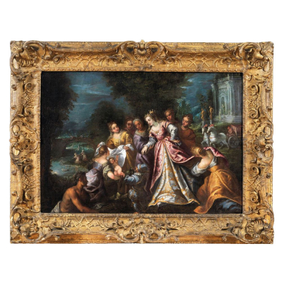 ANDREA MICHIELI, llamado ANDREA VICENTINO (Vicenza, 1542 &ndash; Venecia, 1617) "El hallazgo de Mois&eacute;s". &Oacute;leo sobre lienzo. 