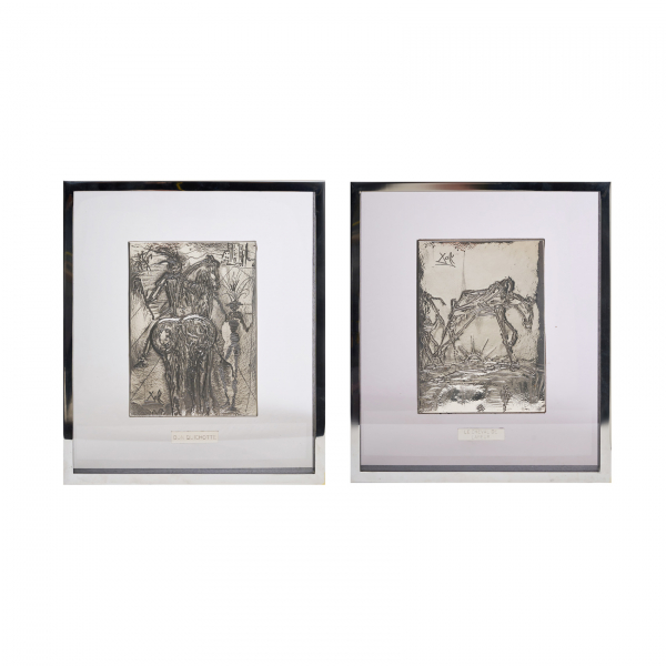 Después de Salvador Dalí (Figueres, Girona, 1904-1989).  Don Quichotte y Le Cheval de Labeur. Serie Caballos Dalinianos.  Pareja de placas en plata 999.
