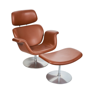 Pierre Paulin (París, 1927- Montpellier, 2009) para la manufactura Artifort Sillón con otomana modelo «Artifort Big Tulip» en piel anilina de tonalidad marrón camel  