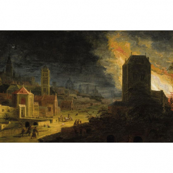 Daniel Van Heil.    &quot;Incendio Nocturno&quot;. Óleo sobre lienzo. Reentelado.