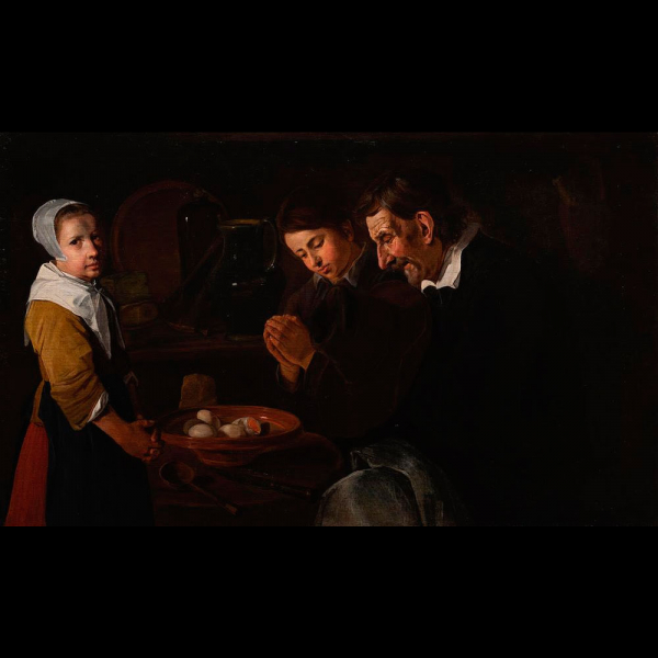 MAESTRO BARROCO NEERLANDÉS O ITALIANO DEL SIGLO XVII "La bendición de la mesa".    Óleo sobre lienzo.