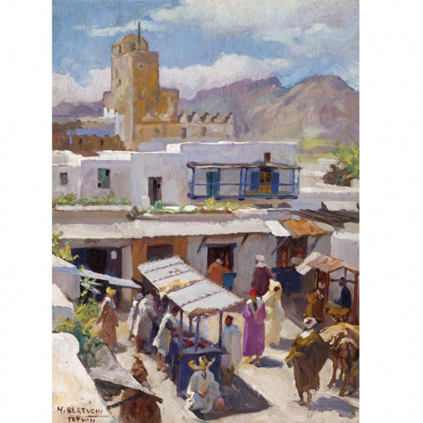 Mariano Bertuchi Nieto. "Zoco de Tetu&aacute;n". &Oacute;leo sobre tabla.  