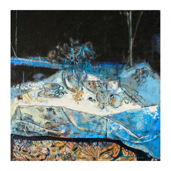 Amador (Pollença, Mallorca, 1957) Bodegón en azul. Técnica mixta y collage sobre tela de arpillera. 