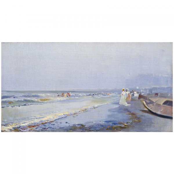 Navarro Llorens. "Escena de playa valenciana". &Oacute;leo sobre lienzo. Firmado en el &aacute;ngulo inferior derecho.