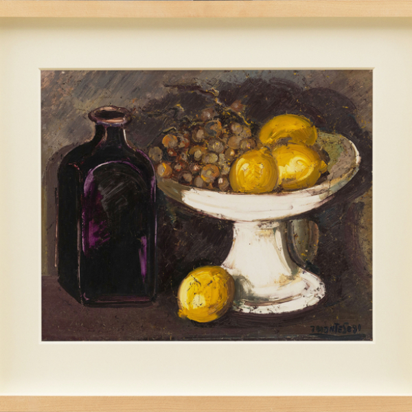 &quot;Bodegón de limones, uvas y botella&quot;  JESÚS MONTES IRIBARREN (Irún, 1940) 