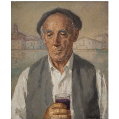 &quot;Bertsolari Pensando&quot;   MAURICIO FLORES KAPEROTXIPI (Zarauz, 1901-1997)   Firmado y Titulado. Óleo/Lienzo