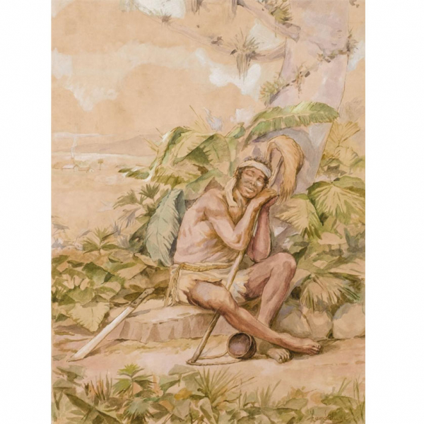 Victor Patricio Landaluze. &quot;Indio dormido&quot;. Acuarela sobre papel. Firmada en el ángulo inferior derecho.