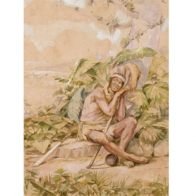 Victor Patricio Landaluze. &quot;Indio dormido&quot;. Acuarela sobre papel. Firmada en el ángulo inferior derecho.