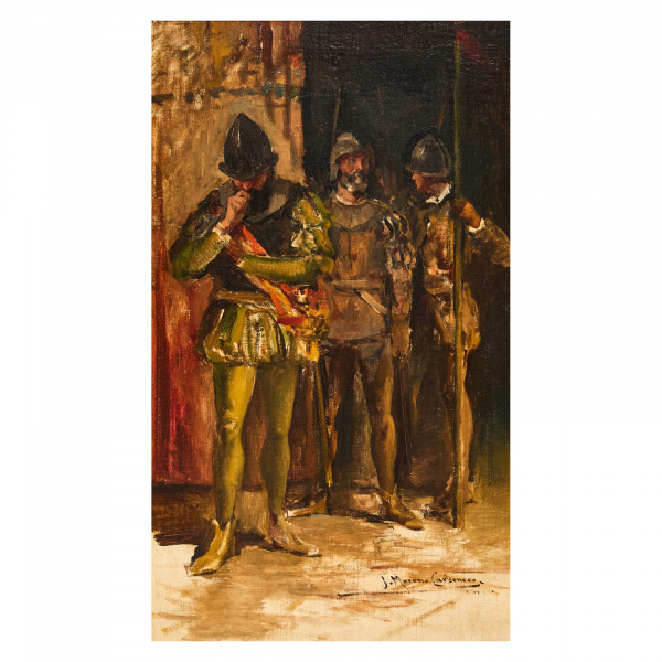 José Moreno Carbonero (Málaga, 1860-Madrid, 1942) Soldados. Óleo sobre tela adherida a tabla.