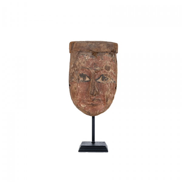 Máscara funeraria egipcia en madera de sicomoro con restos de policromía, Baja Época, 722-332 a.C.