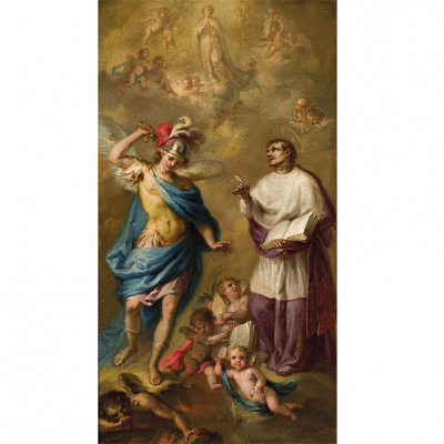Luis Antonio Planes (1742 - 1821). &quot;San Miguel y San Pedro Pascual&quot;. Óleo sobre tabla. Firmado al dorso.