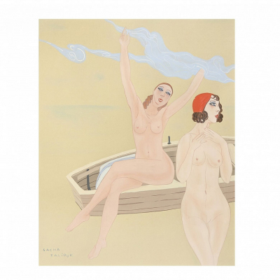 Sacha Zaliouk (1887-1971) &quot;Junge Frau auf dem Boot&quot; Obra ejecutada en gouache sobre papel.