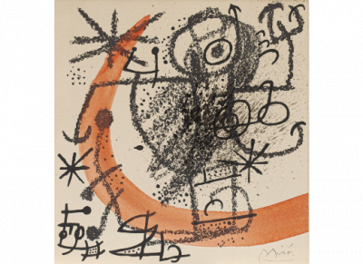 JOAN MIR&Oacute; (Barcelona, 1893 - Palma de Mallorca, 1983)  Sans titre (pour "Mir&oacute; i Catalunya"), 1968   Gouache y tinta china sobre fondo litogr&aacute;fico sobre papel.