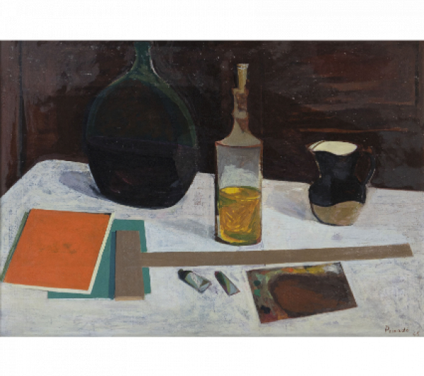 JOAQUÍN PEINADO (Ronda, 1898 - París, 1975)  Naturaleza muerta con paleta y jarra azul, 1945.   Óleo sobre tabla. 