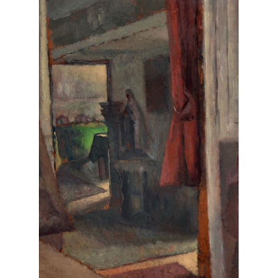 ESCUELA ESPA&Ntilde;OLA   (Mediados S. XX)  "Interior de sal&oacute;n con escultura"  &Oacute;leo / Tabla 