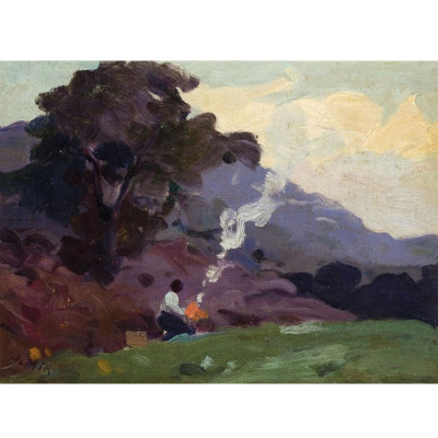 Joaquin Mir Trinxet. &quot;Paisaje con figuras&quot;. Firmado en el ángulo inferior izquierdo.