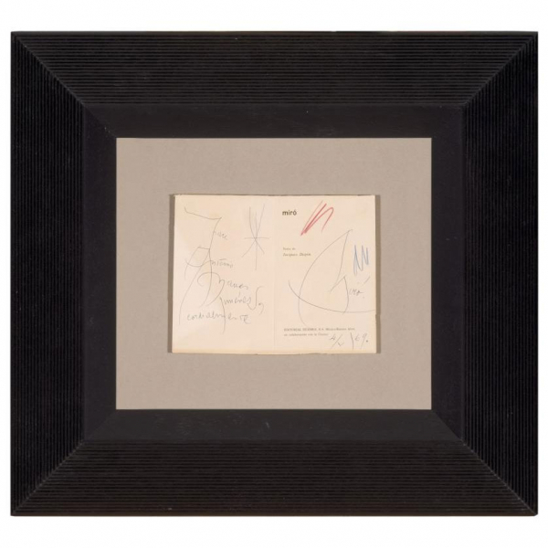 Joan Miró. "Sin título - miró (1969)". Dibujo a tinta y lápices de colores sobre cubierta de "miró" de Jacques Dupin.