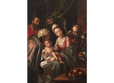CÍRCULO DE HANS VON AACHEN (Alemania, 1552-1615) Sagrada Familia con Santa Ana y el Arcángel Gabriel   