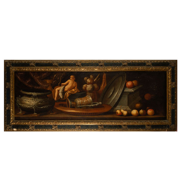 Gran Bodegón rectangular de Frutas, Arquitecturas y Trofeos, Antonio Tibaldi, escuela italiana del siglo XVII. 