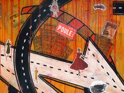 Víctor Mora – Poule – Acrílico, Collage, tintas sobre tela 