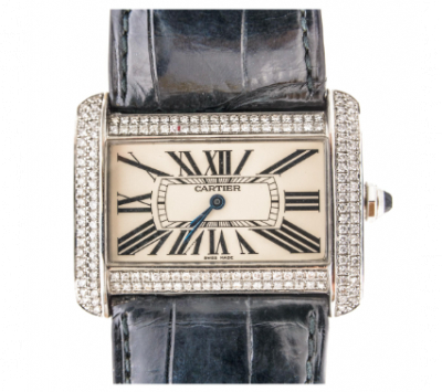Cartier &quot;Tank Divan&quot;, reloj de señora en acero y diamantes talla brillante y correa de piel, c.2014 