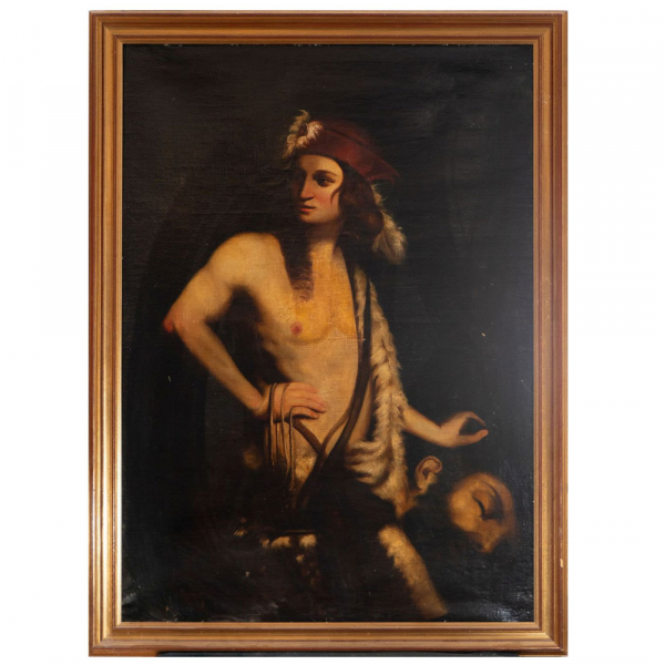 "David con la Cabeza de Goliat" Escuela Italiana del siglo XVIII.    Óleo sobre lienzo
