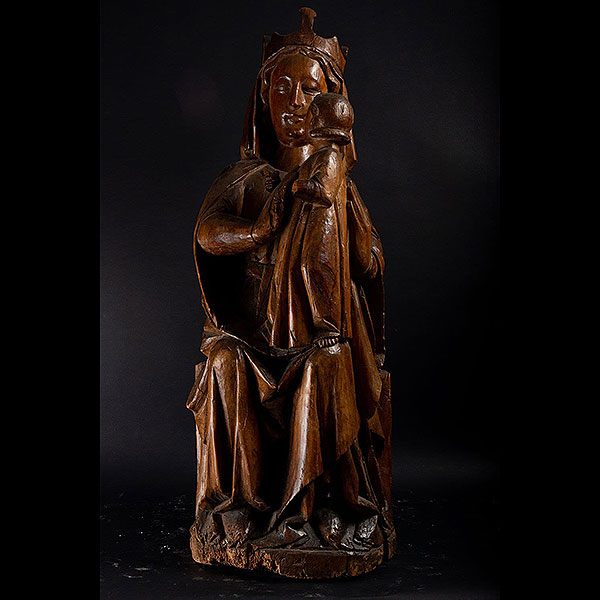 Exquisita Gran Virgen Sedente "Sedes Sapientiae" Gótica Alemana en Roble, siglo XV.