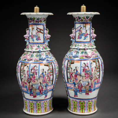 Pareja de jarrones en porcelana china de cantón de la familia rosa del siglo XIX.