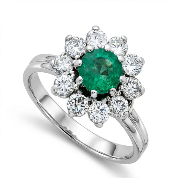 Sortija en oro blanco con esmeralda central y orla de diamantas talla brillante con un peso total de 0,70 cts. aprox.  