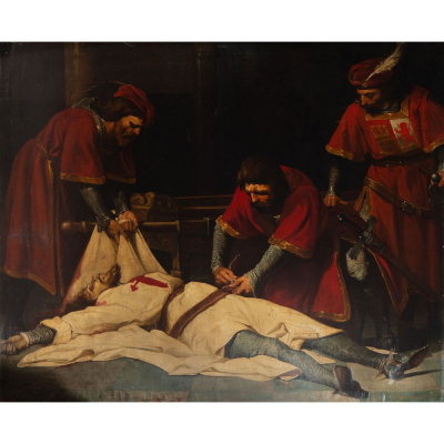 "La Muerte del Duque de Alba" Escuela Espa&ntilde;ola de los siglos XIX - XX, firmado Rodr&iacute;guez Losada.   &Oacute;leo sobre lienzo