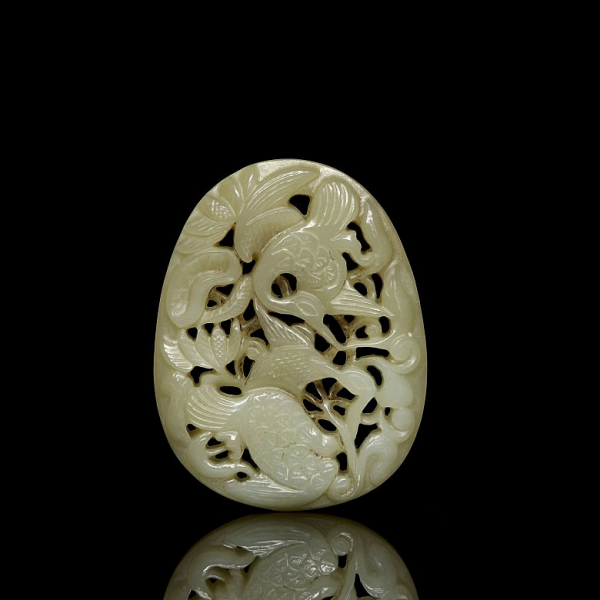 Placa de jade verde "Garzas y lotos", dinastía Qing (1644-1912) o posterior.