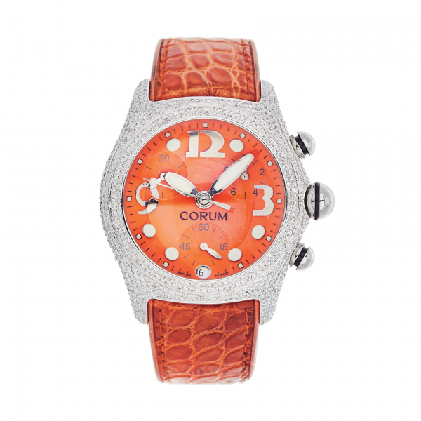 Reloj Corum «Boutique» de pulsera para caballero. En acero y correa de piel. Caja cuajada de diamantes talla brillante. Esfera naranja 