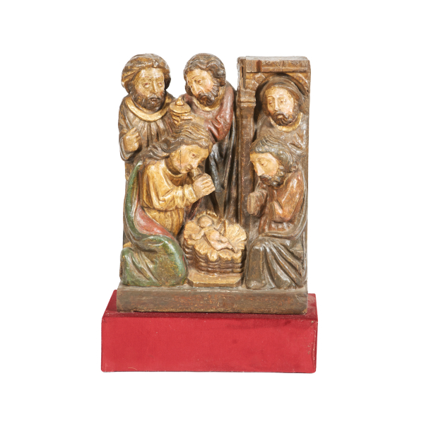 Escuela española, fles. del s.XVIII-ppios. del s.XIX. Adoración de los Reyes Magos. Grupo escultórico en madera tallada y plicromada.